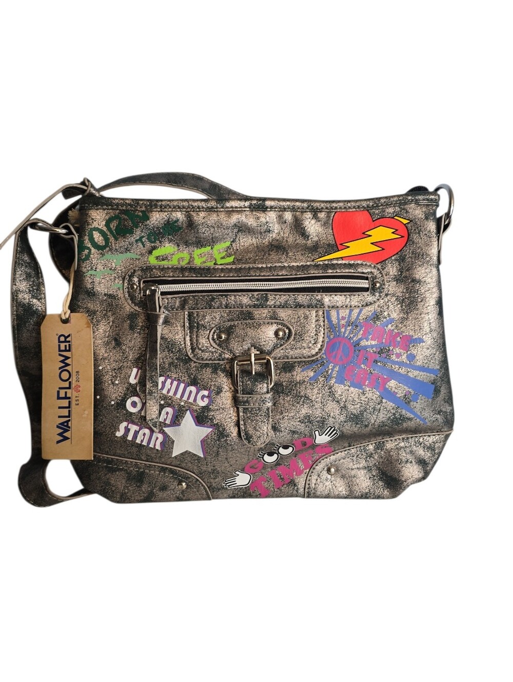 Wallflower Gwen Crossbody Bag Color Distressed Metallic Pewter Grafitti NWT